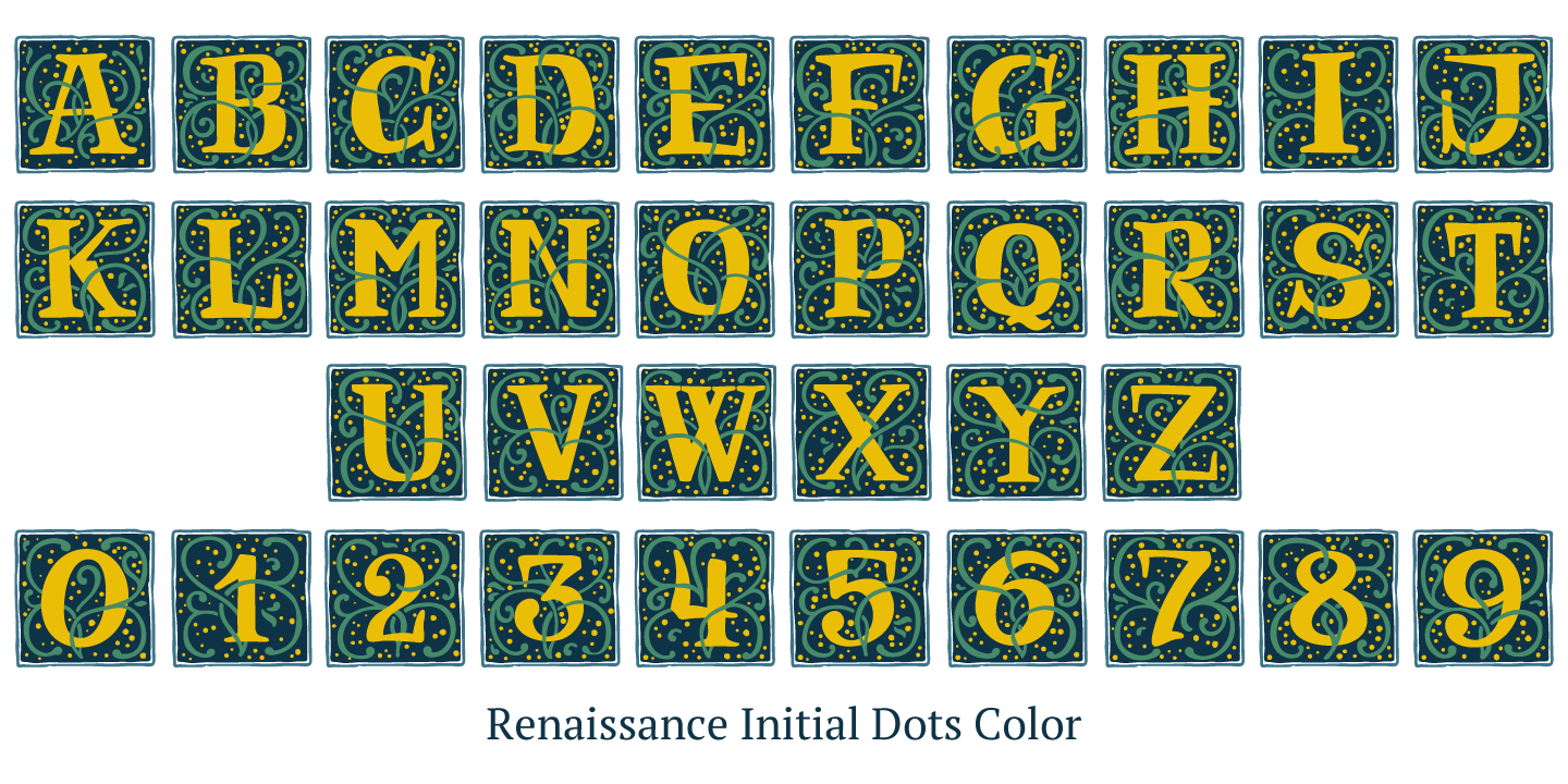 Beispiel einer Renaissance Initial Dots Black-Schriftart